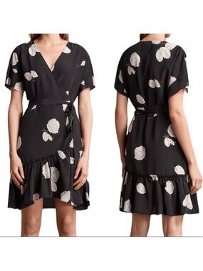 All Saints Rene Rodin Silk Wrap Dress Black With White Floral Print Size 0